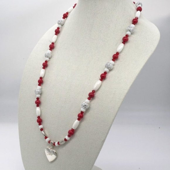 Necklace with Heart Locket, white and red beads. Lobster clasp. - Picture 2 of 4